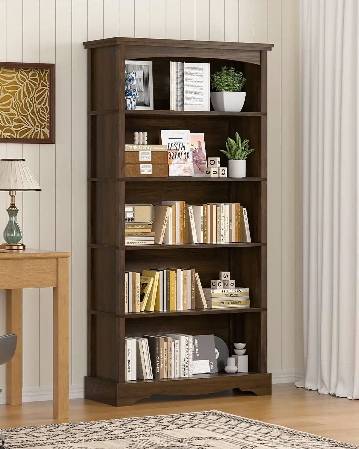 65-Inch Tall Brown Wooden Bookshelf With Five Tiers from PriceLows™