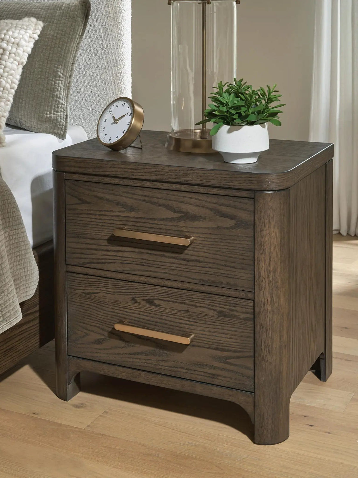 Radkin Two Drawer Nightstand | Charging | Burnished Brown | Lined Top Drawer