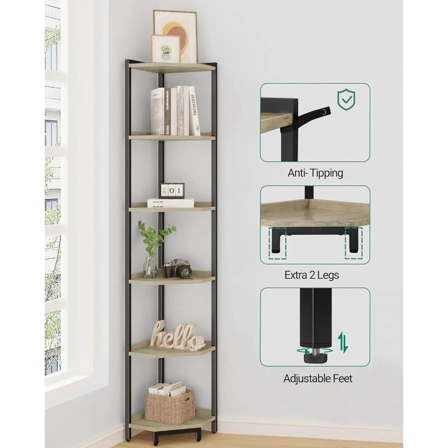 6-Tier Greige Corner Shelf Stand For Living Room And Office from PriceLows™