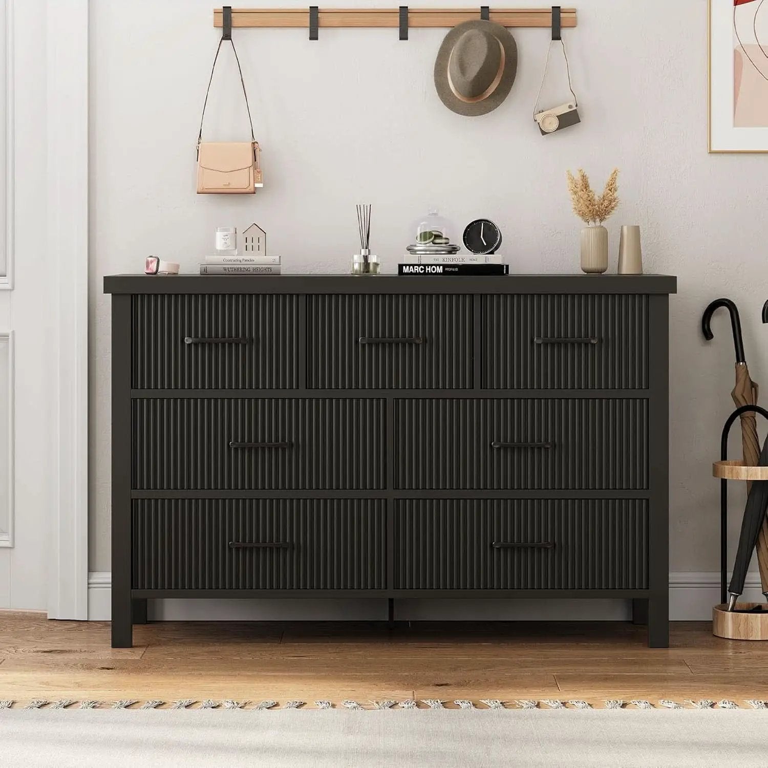 Fluted Contemporary White Dresser With Black Handles from PriceLows™