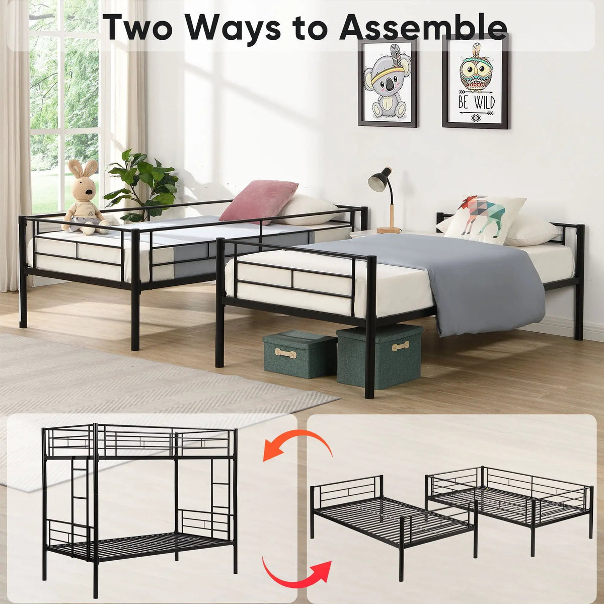Bunk Bed With Trundle | Heavy Duty Steel | Space Saving | Twin Top