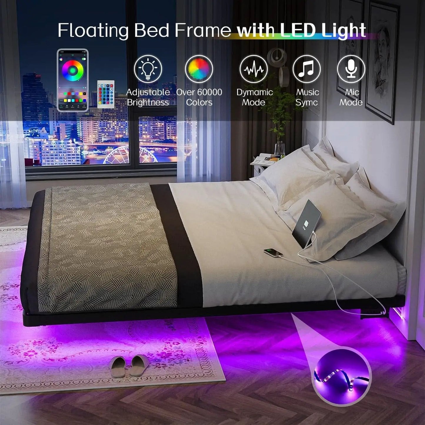 King Size Floating Bed Frame With Integrated LED Lighting from PriceLows™
