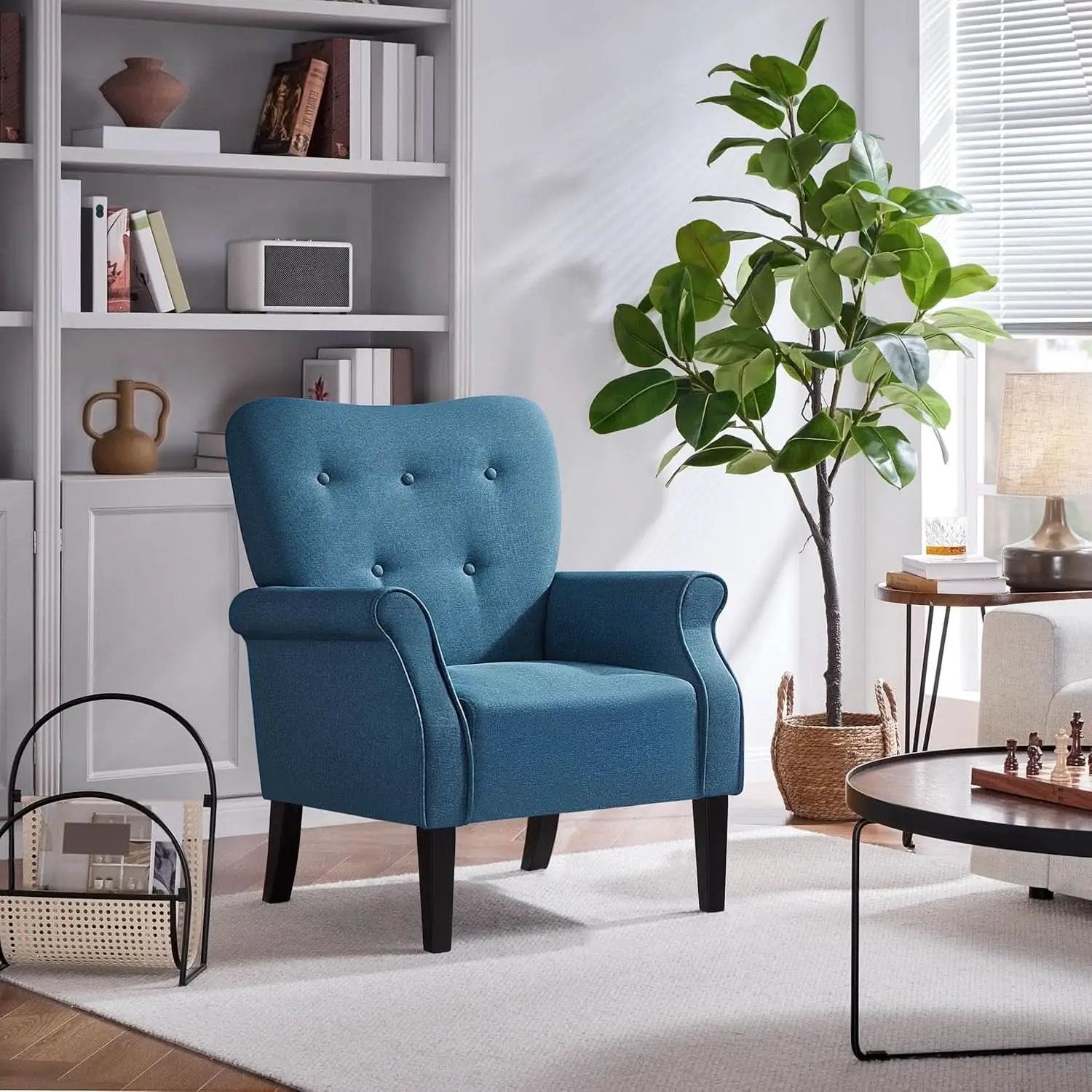 Navy Blue Compact Midcentury Armchair Tufted Backrest from PriceLows™