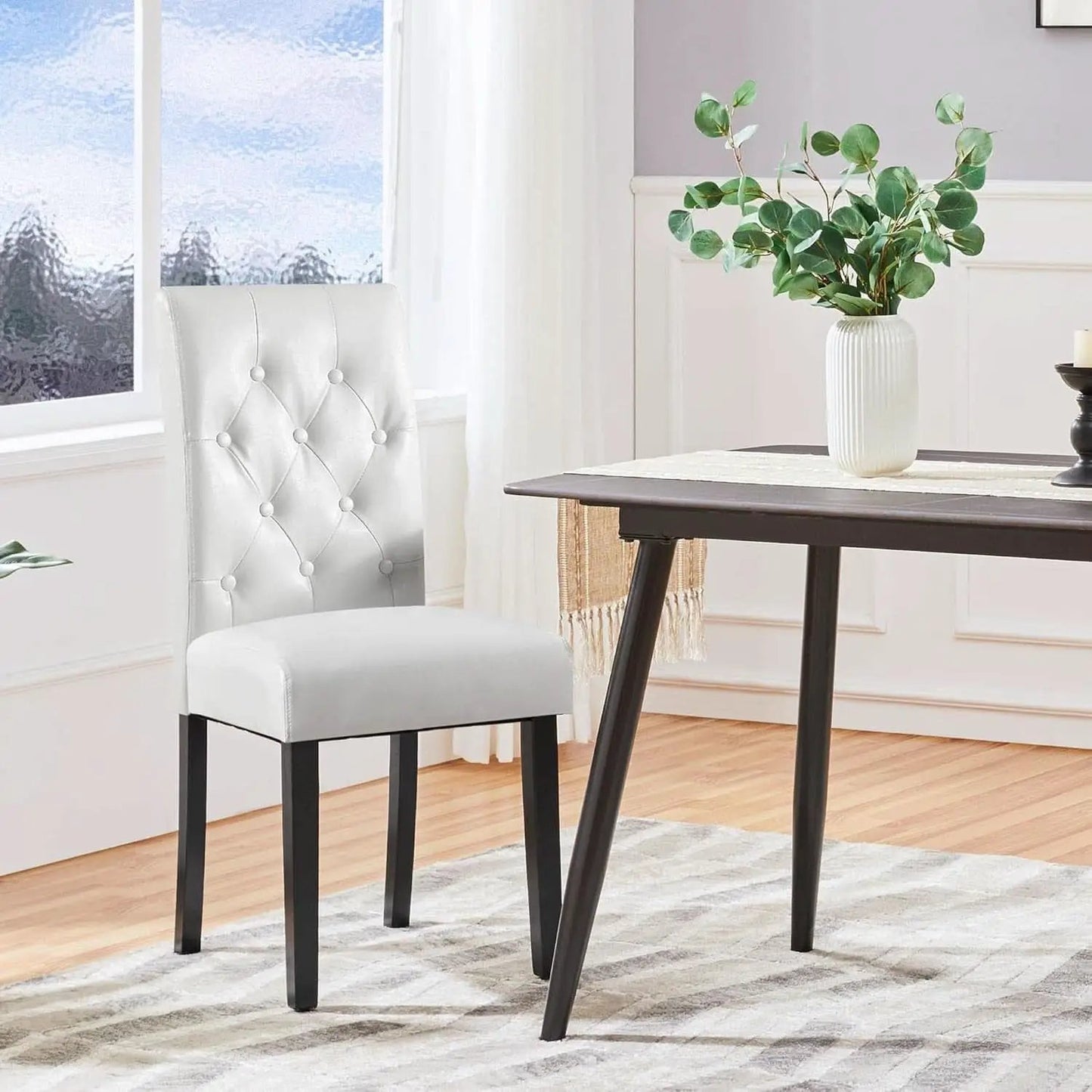 Tufted Leather Dining Chairs Set of 2 White Wood Legs from PriceLows™