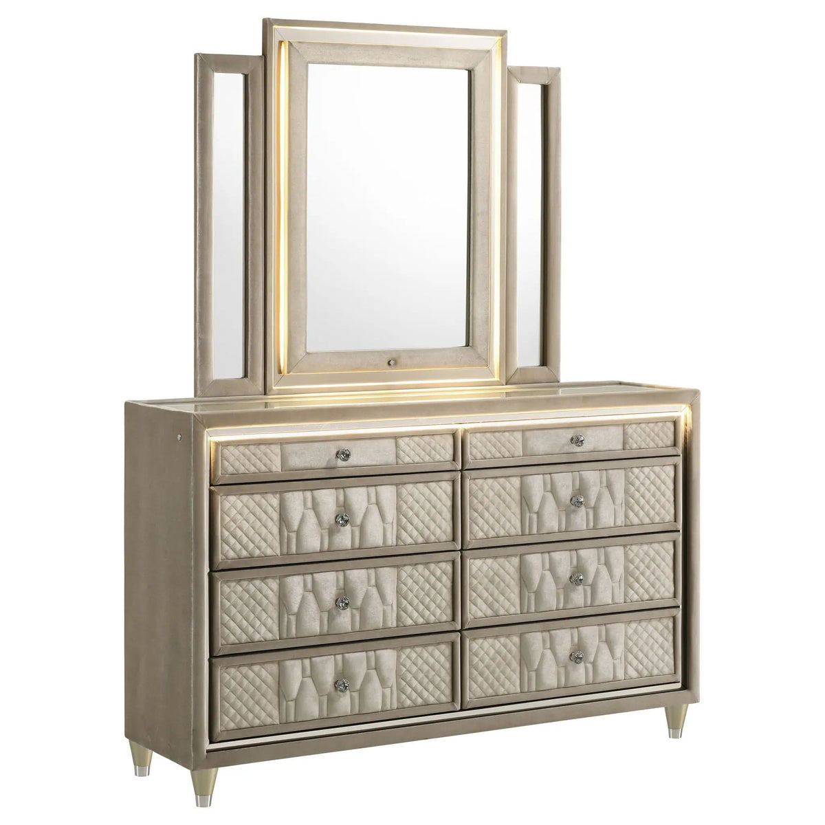 Lorient 8-drawer LED Dresser with Mirror Ivory and Camel | 60.5 x 16 x 77.75 in | Rubberwood & Velvet | Bedroom