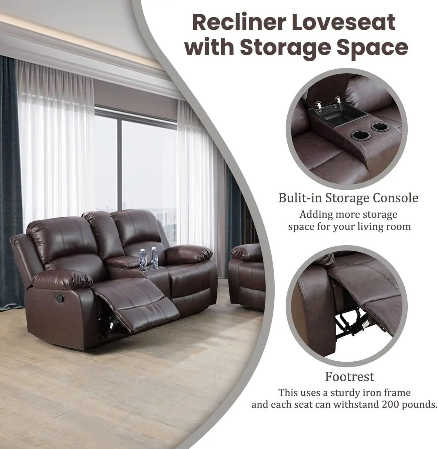 Manual Recliner Sofa Set Brown Three Piece Living Room Furniture from PriceLows™