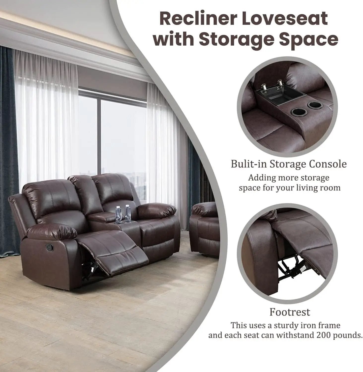 Manual Recliner Sofa Set Brown Three Piece Living Room Furniture from PriceLows™