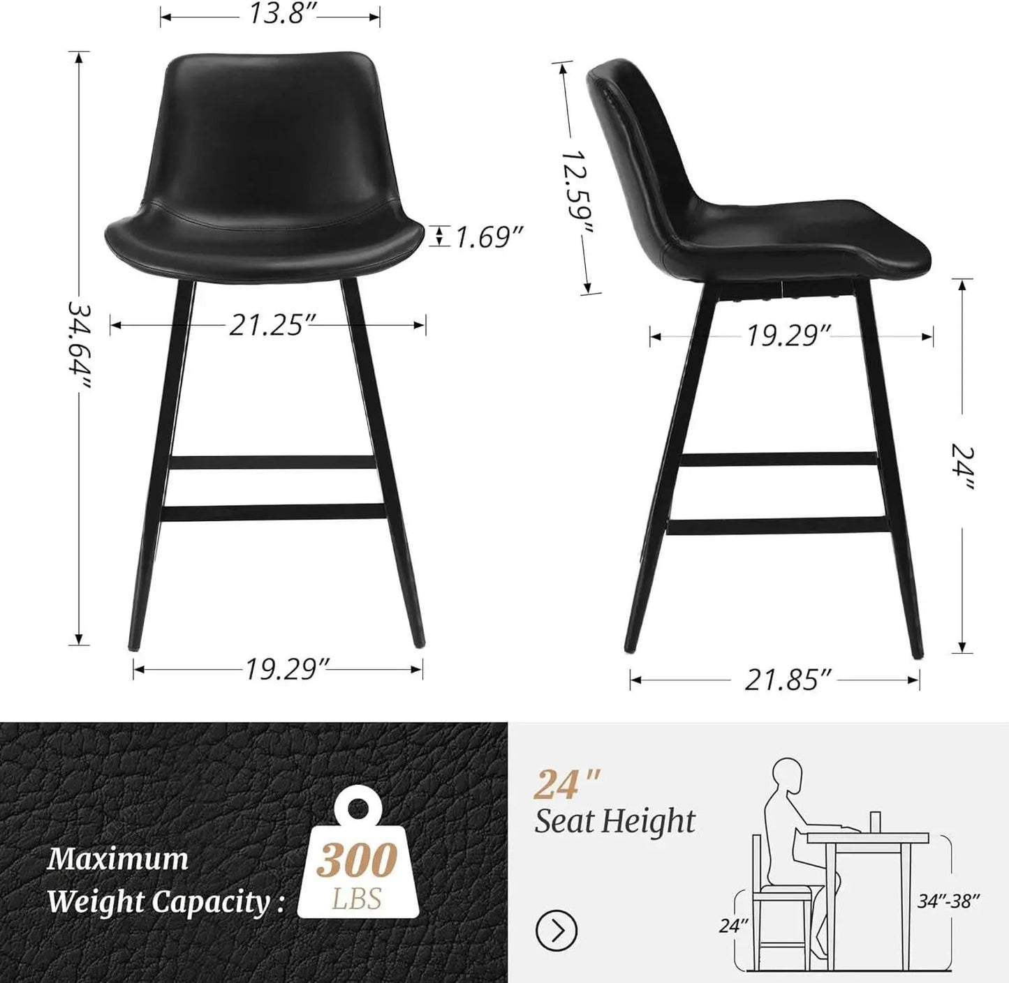24 Inch Modern Bucket Bar Stool Set Of 3 With Back And Footrest In Faux Leather Black from PriceLows™