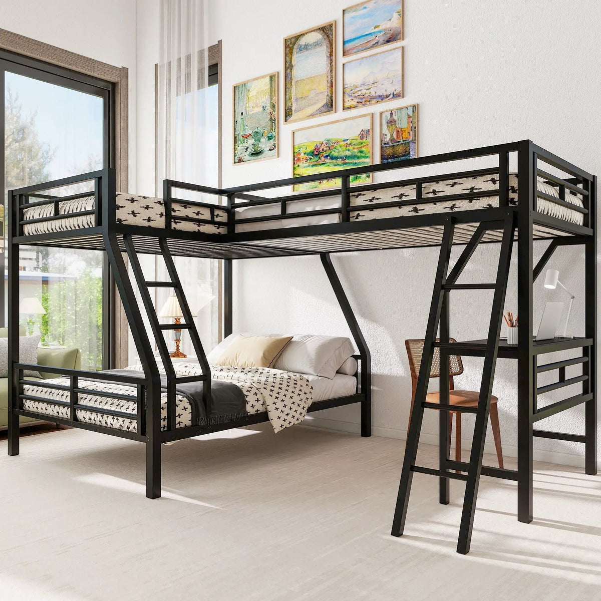Twin Over Full Loft Bed | L Shaped Design | Built In Desk | Black Frame
