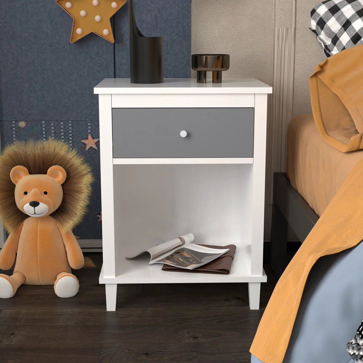 Nightstand With 1 Drawer And 1 Shelf | Aluminum Handles | Tip-Over Restraint | Child-Safe Design
