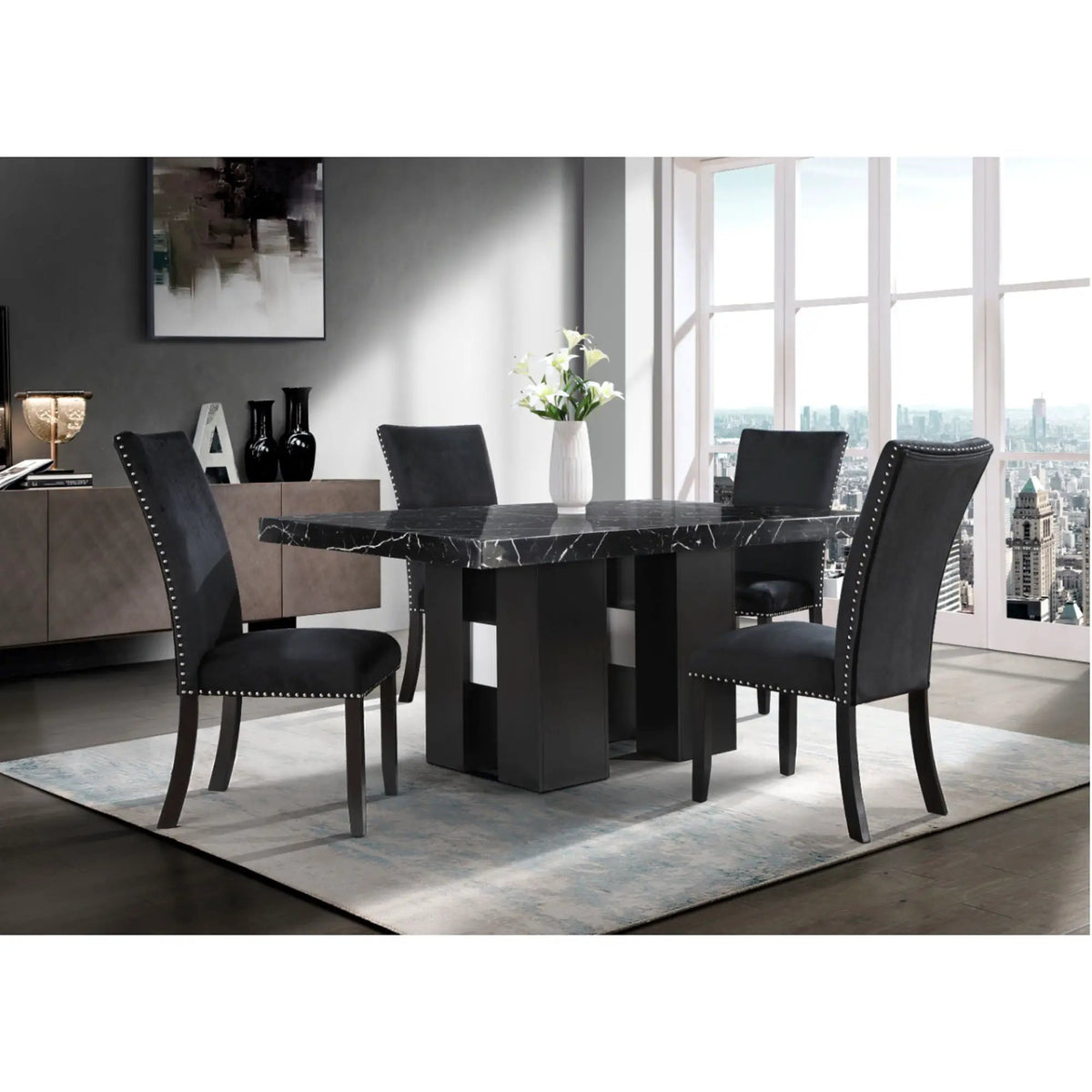 Jhoanna Dining Table Set | 5-Piece | Black Finish | Extra Thick Table Top