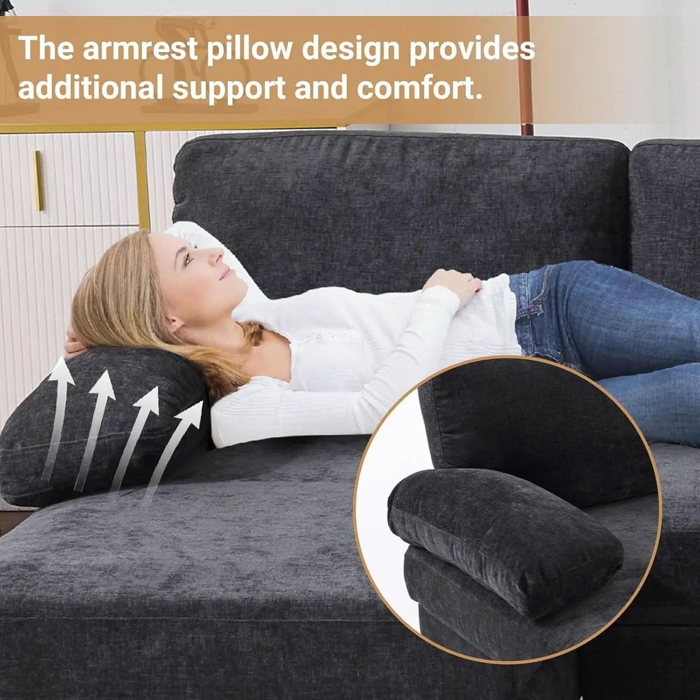 110 Inch U Shaped Sectional Couch For Living Room With Double Chaise In Chenille Fabric Black from PriceLows™