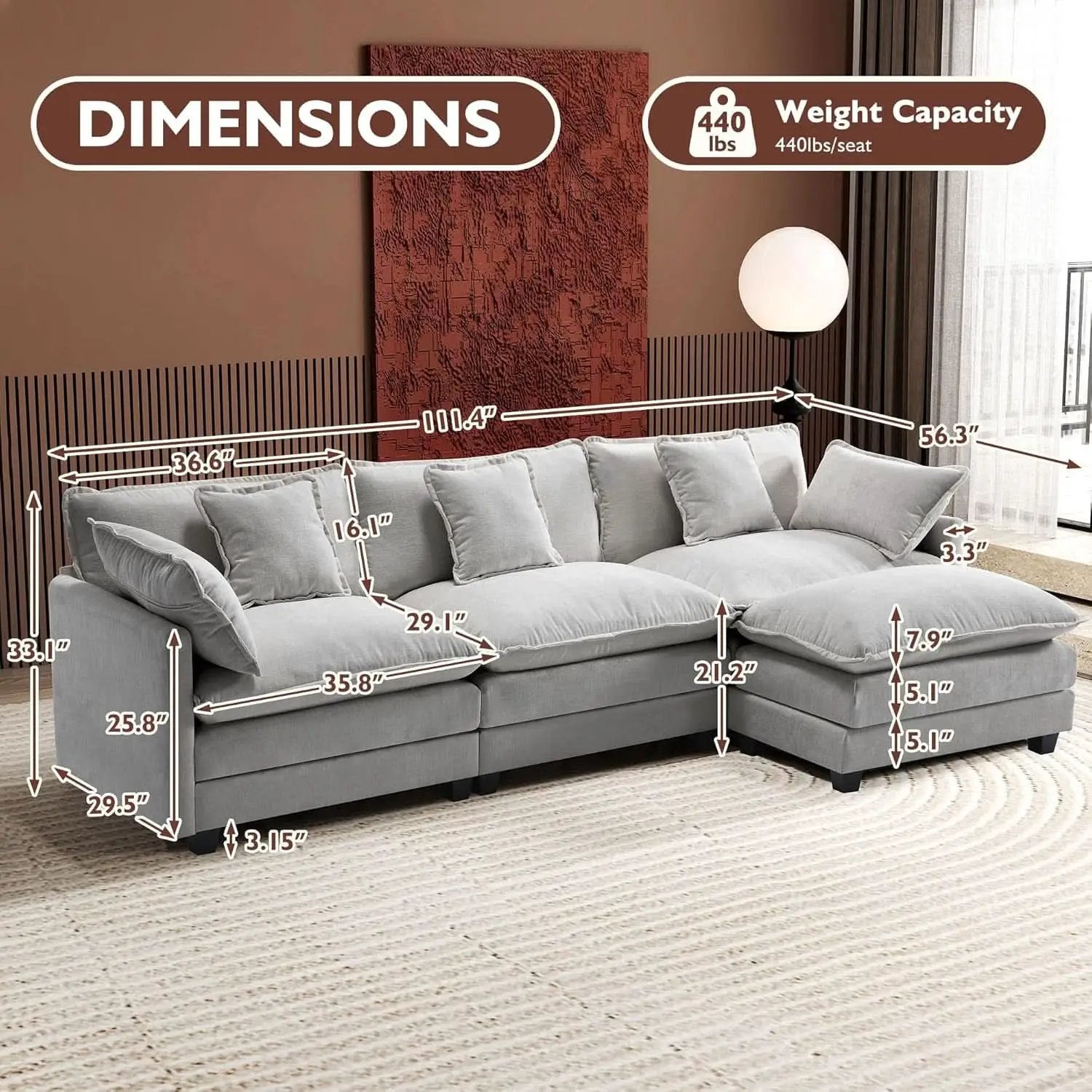 111 Inch L Shaped Modern Glam Sofa Sectional With Ottoman Cloud Foam Cushions Grey Chenille from PriceLows™