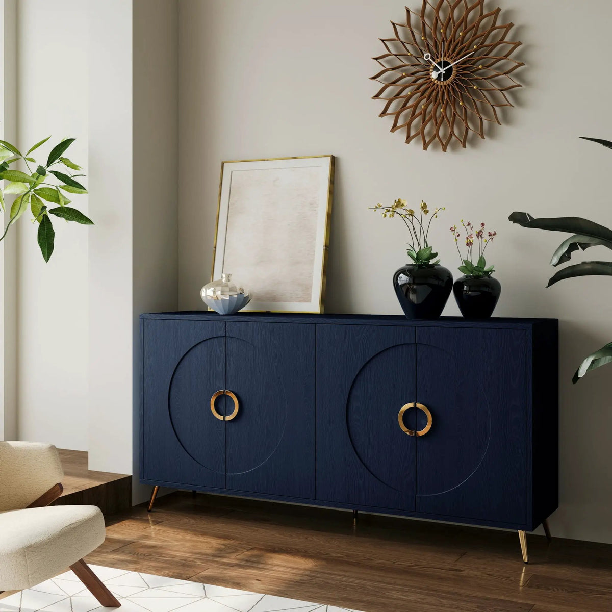 Lacquered 4 Door Sideboard Buffet | Matte Navy Finish | Solid Wood Veneer | Metal Legs