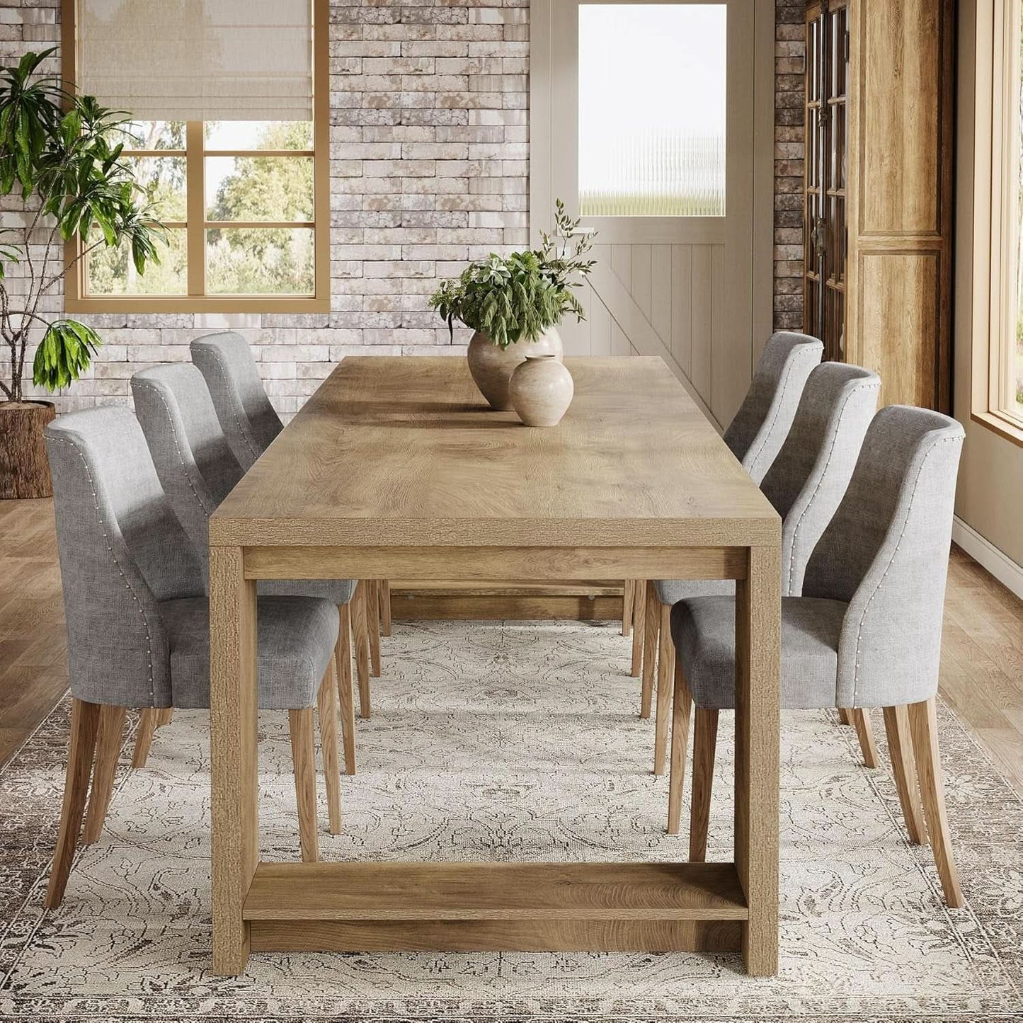 Oak 86 Inch Long Narrow Dining Table With Pedestal Base from PriceLows™