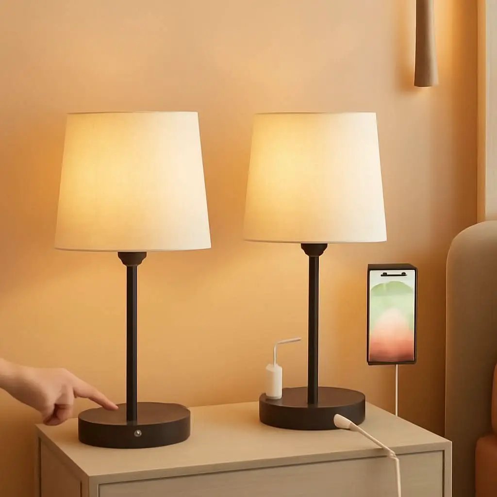 Set of 2 Mini Bedside Lamps With USB C And AC Outlets from PriceLows™