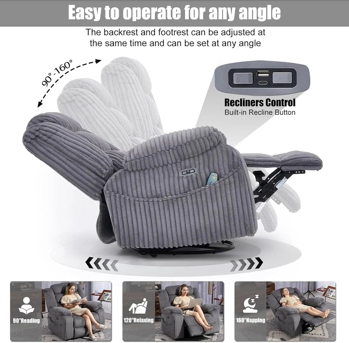 Grey Heated Massage Power Recliner With USB Port Charging from PriceLows™