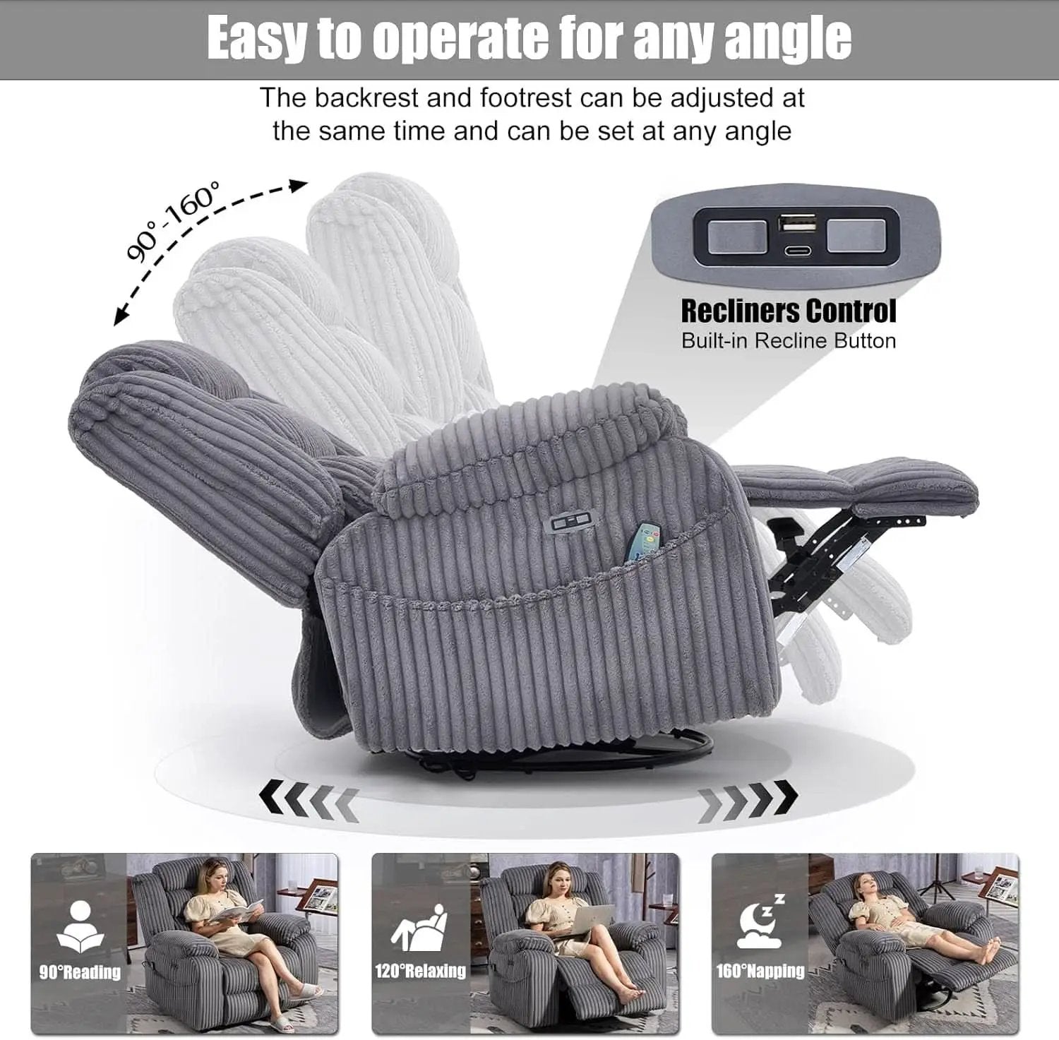 Grey Heated Massage Power Recliner With USB Port Charging from PriceLows™