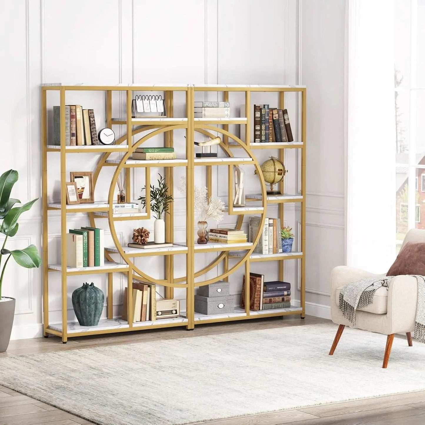 Industrial 5 Tier Etagere Bookcase Gold Frame Shelves from PriceLows™