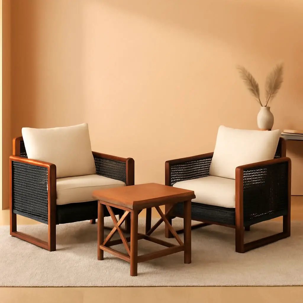 3 Piece Outdoor Patio Furniture Set With Wicker Chairs And Coffee Table Washable Cushions Acacia Wood Frame from PriceLows™