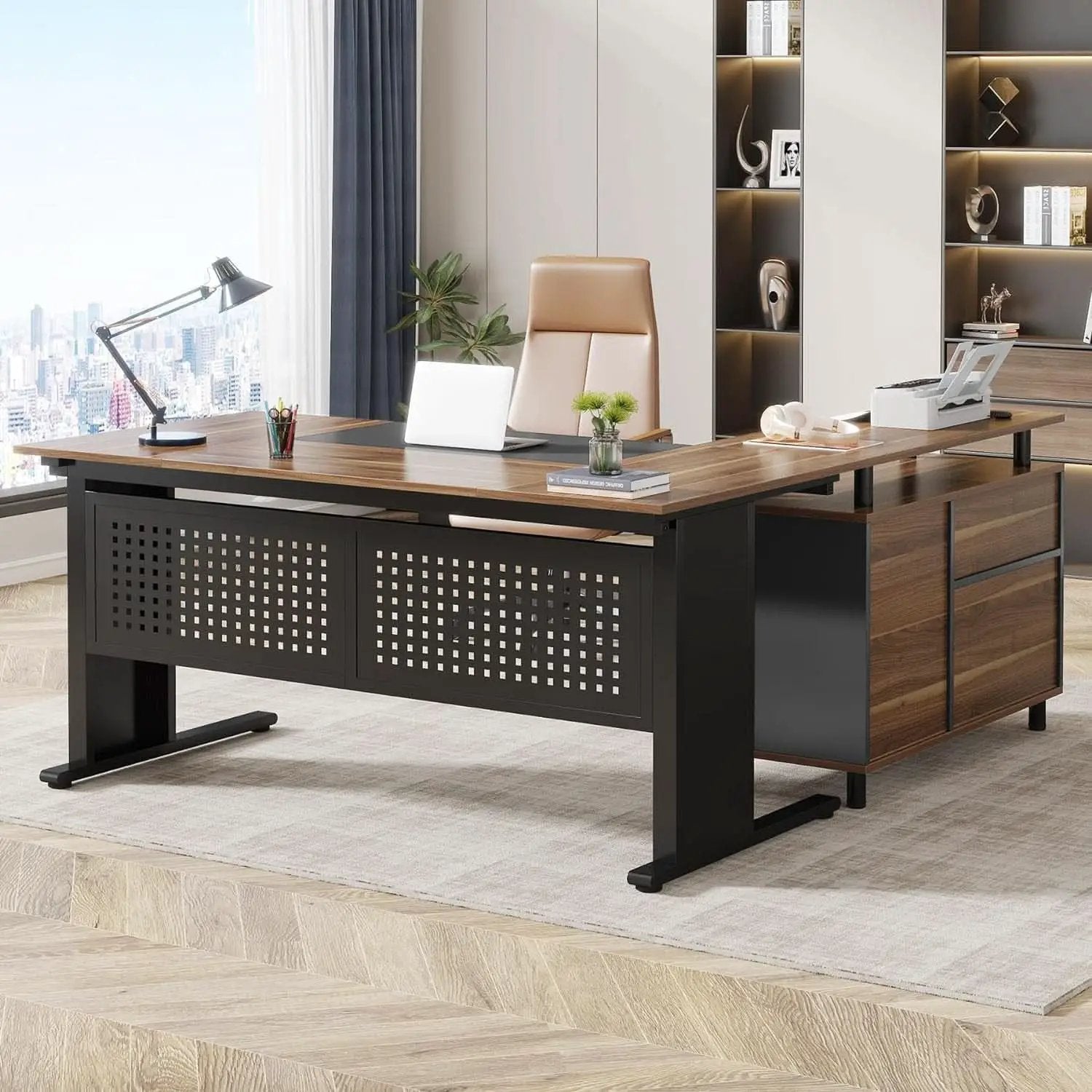 63 Inch L Shaped Desk With File Cabinet For Home Office from PriceLows™