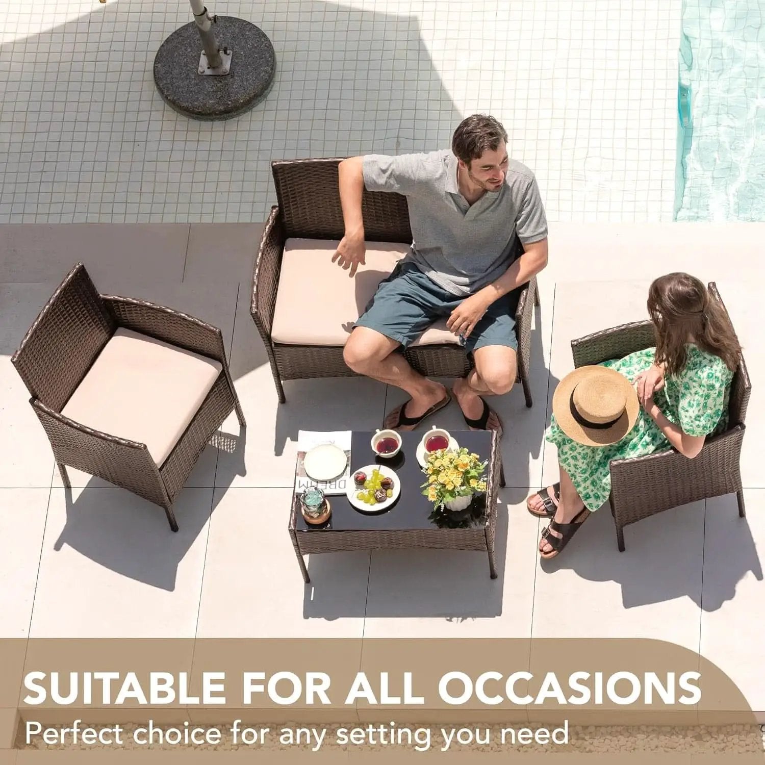 4 Piece PE Rattan Patio Furniture Set With Beige Cushions from PriceLows™
