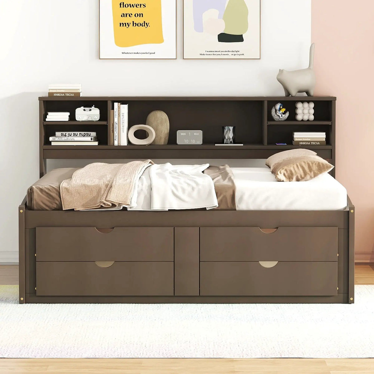 Daybed With Storage | 2 Bedside Cabinets | Upper Shelves | 4 Drawers