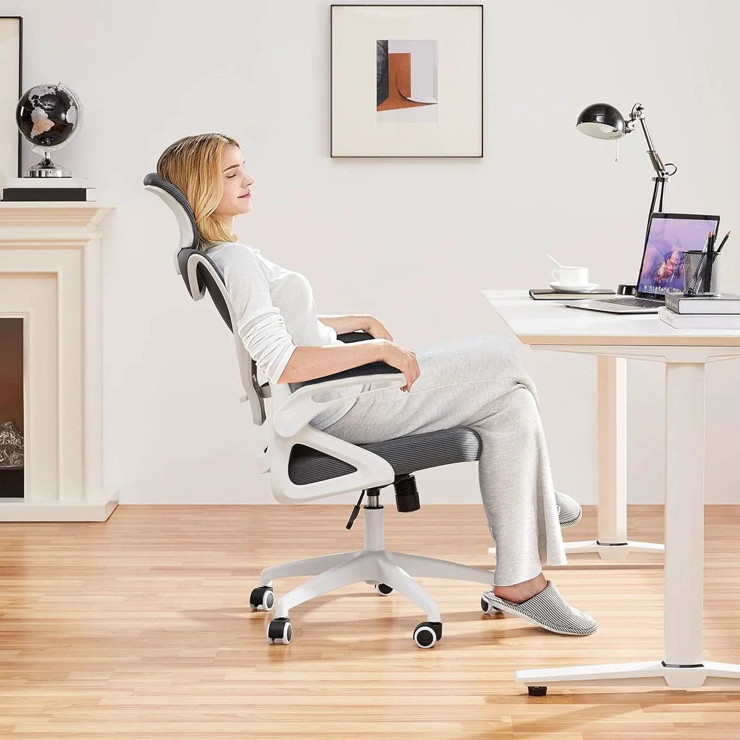 Ergonomic Mesh Office Chair White Gray With Flip Up Armrests from PriceLows™