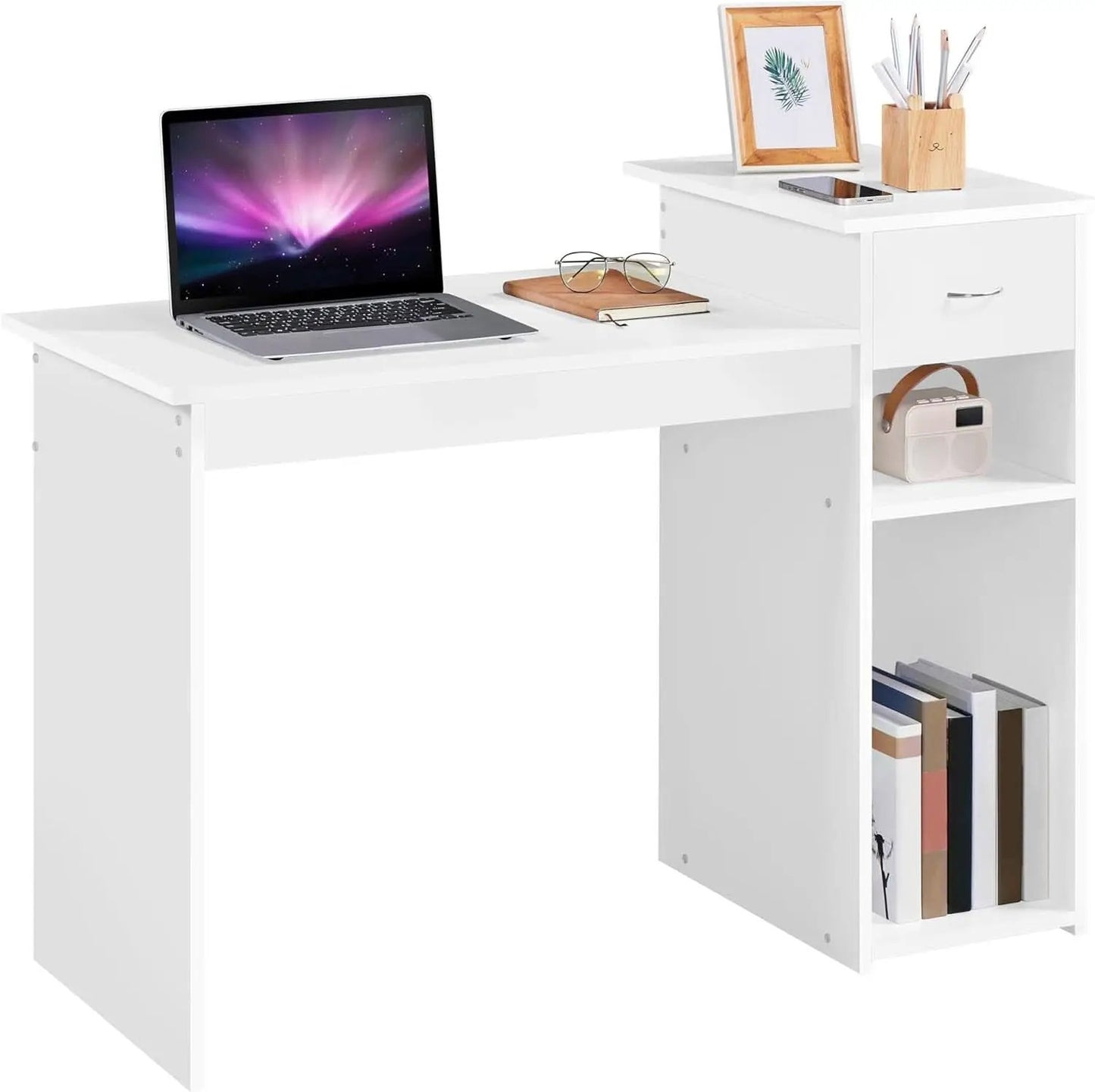 White 44 Inch Desk And Black Mesh Chair Set With Adjustable from PriceLows™