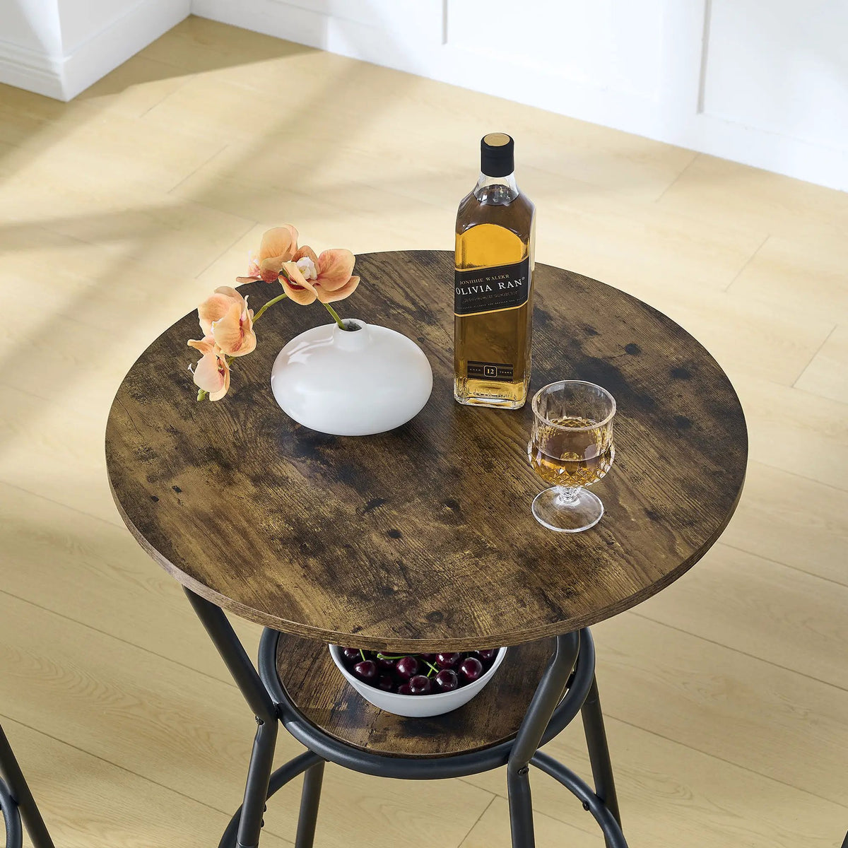 Round Bar Table And Stool Set | Rustic Antique Brown | Upholstered Backrest Stools | Shelf Storage