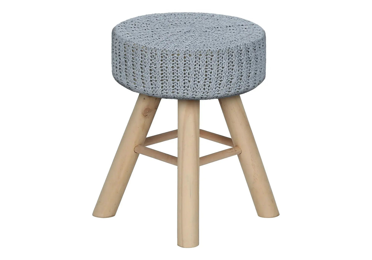 Round Ottoman Pouf | Padded Knit Seat | Natural Wood Legs | Contemporary Style