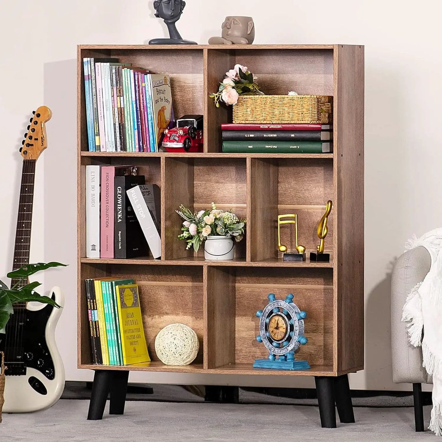 7 Cube Bookshelf 3 Tier Modern With Legs Oak Grey Display from PriceLows™