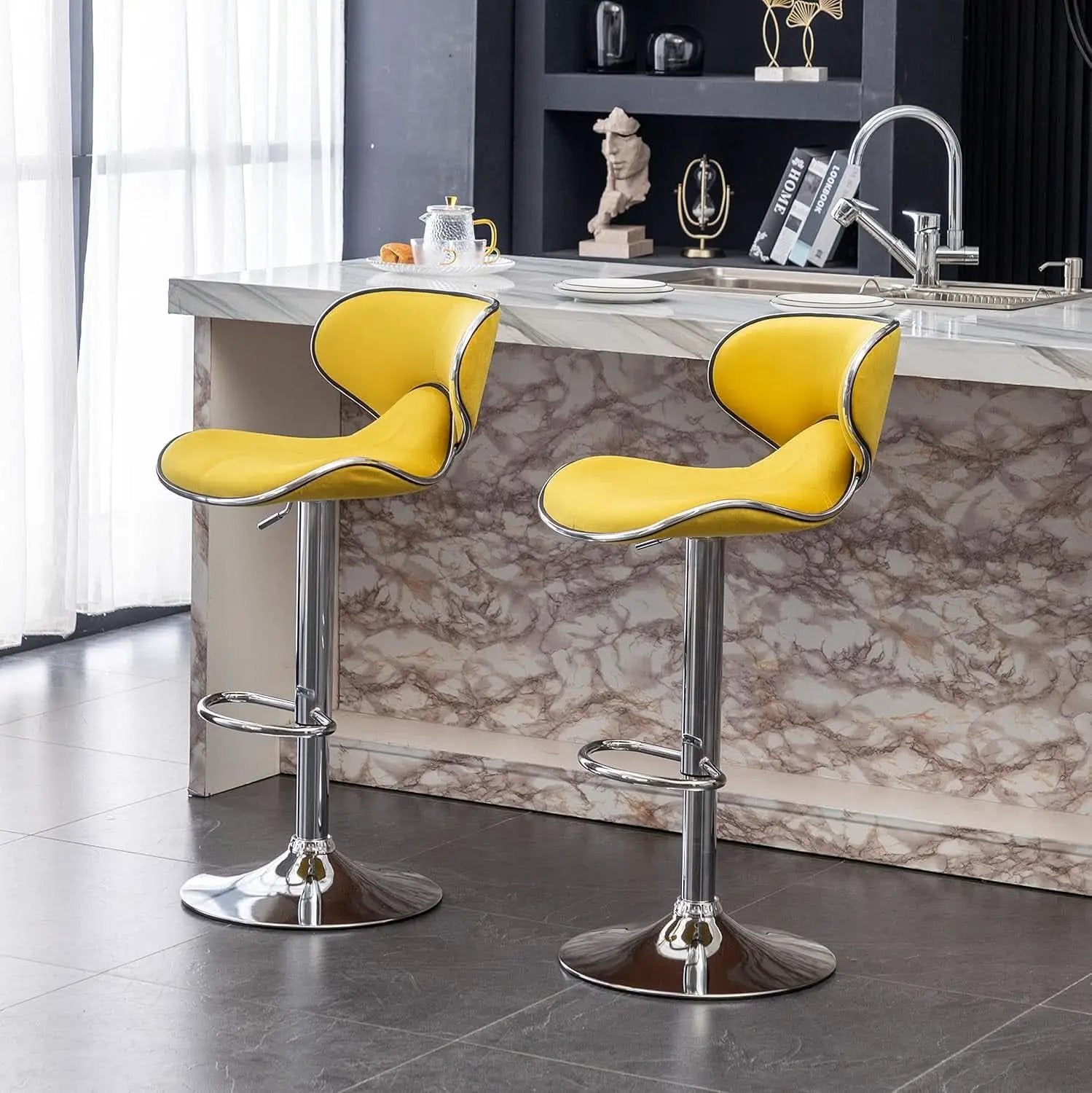 Masaccio Velvet Adjustable Swivel Bar Stool Set Of 2 Yellow from PriceLows™