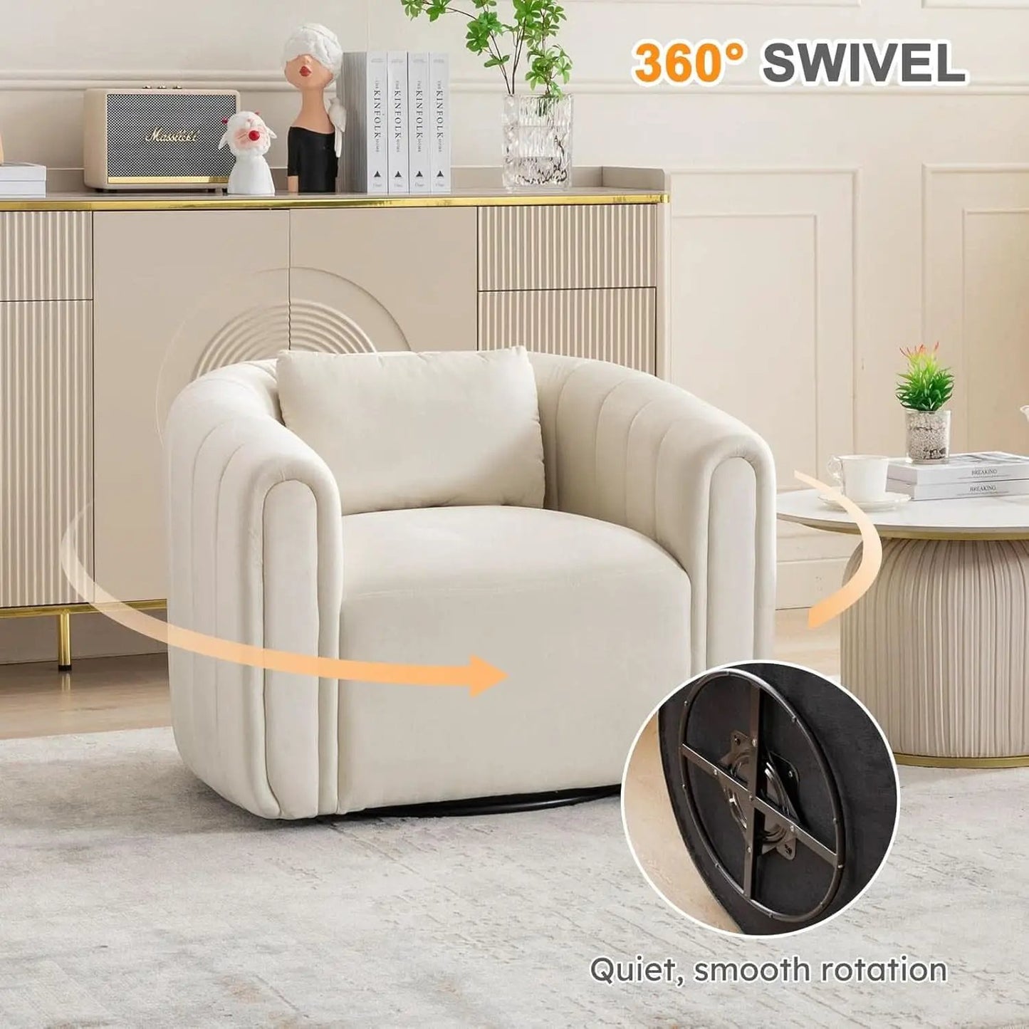 Beige Velvet Barrel Swivel Chair With LumbarPillow from PriceLows™