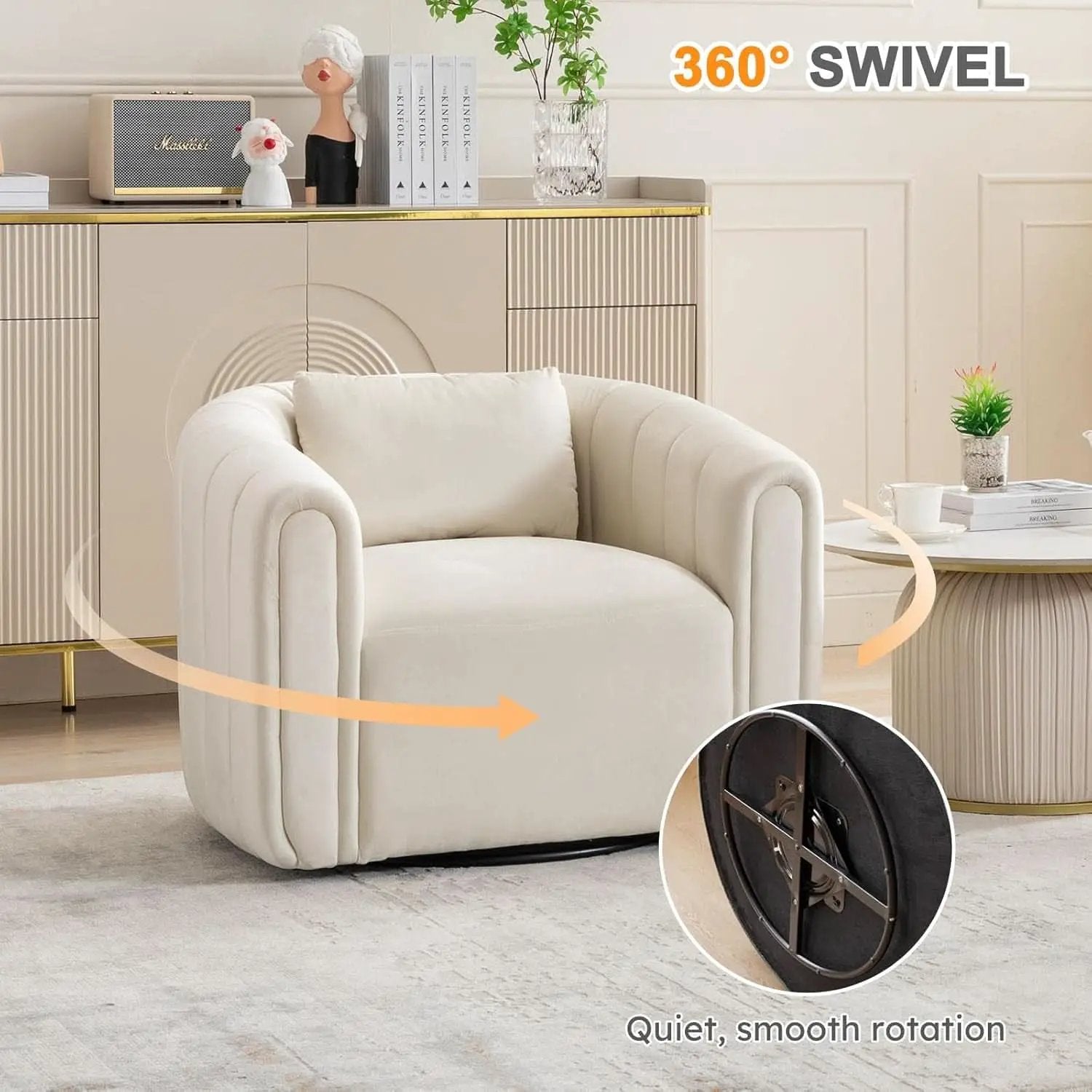 Beige Velvet Barrel Swivel Chair With LumbarPillow from PriceLows™