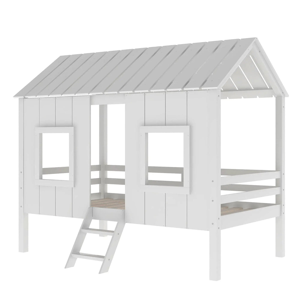 Twin Size Low Loft Bed | Pine Wood Frame | Roof With Two Windows | White