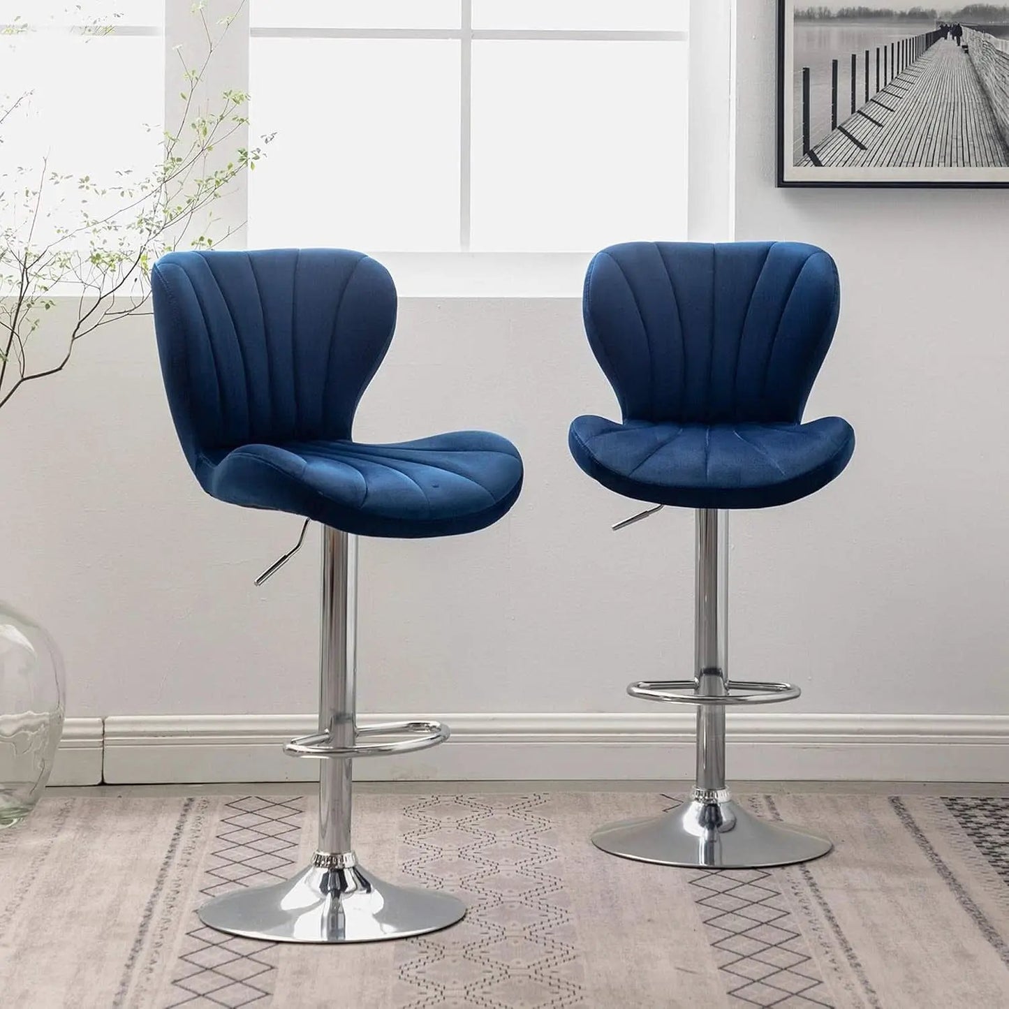 Blue Velvet Adjustable Swivel Bar Stools Set of 2 Modern from PriceLows™