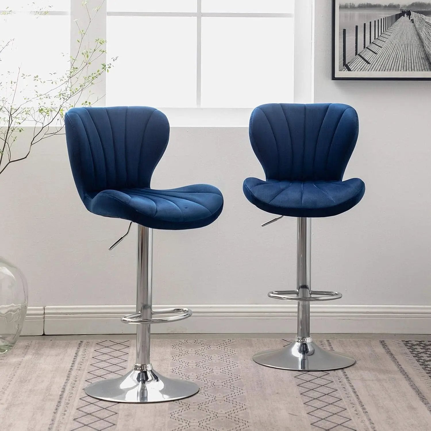 Blue Velvet Adjustable Swivel Bar Stools Set of 2 Modern from PriceLows™