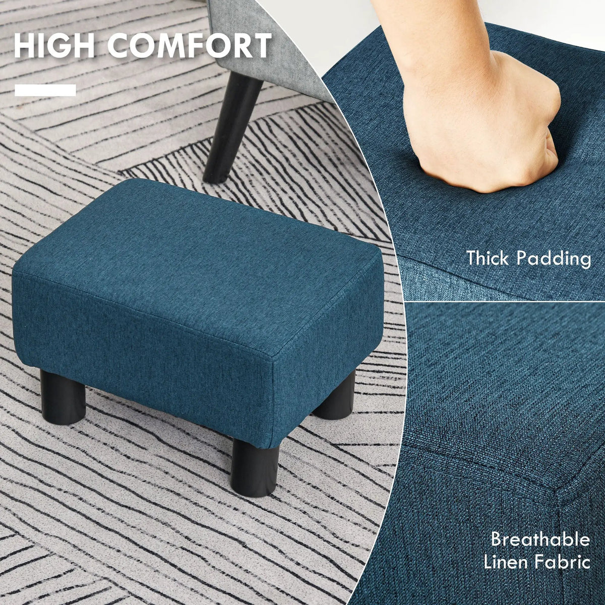 Linen Pouf Ottoman | 16 Inch Cube | Black Legs | Dark Blue