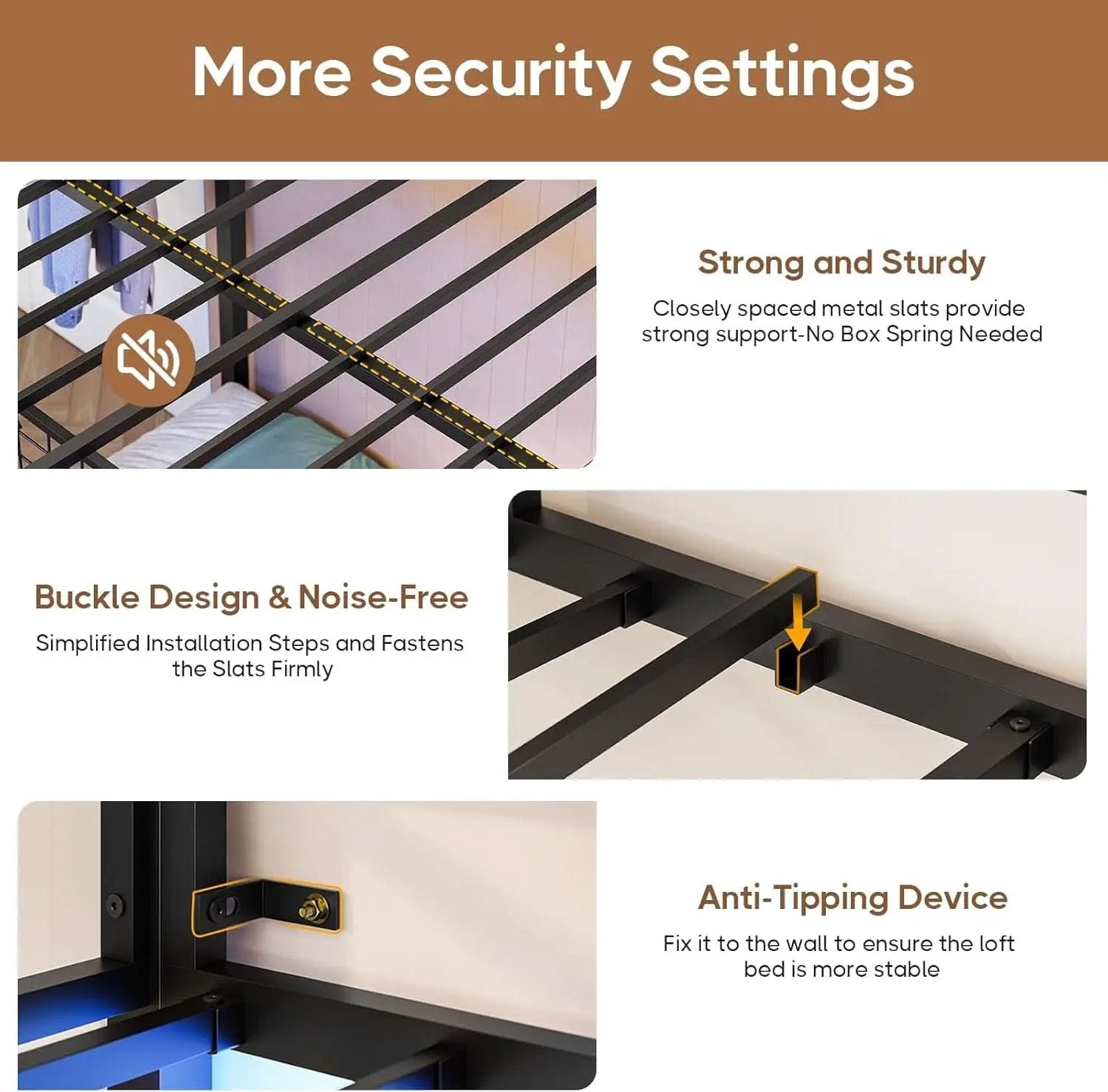 Black Full Over Twin Metal Bunk Bed With Desk LED Lights from PriceLows™