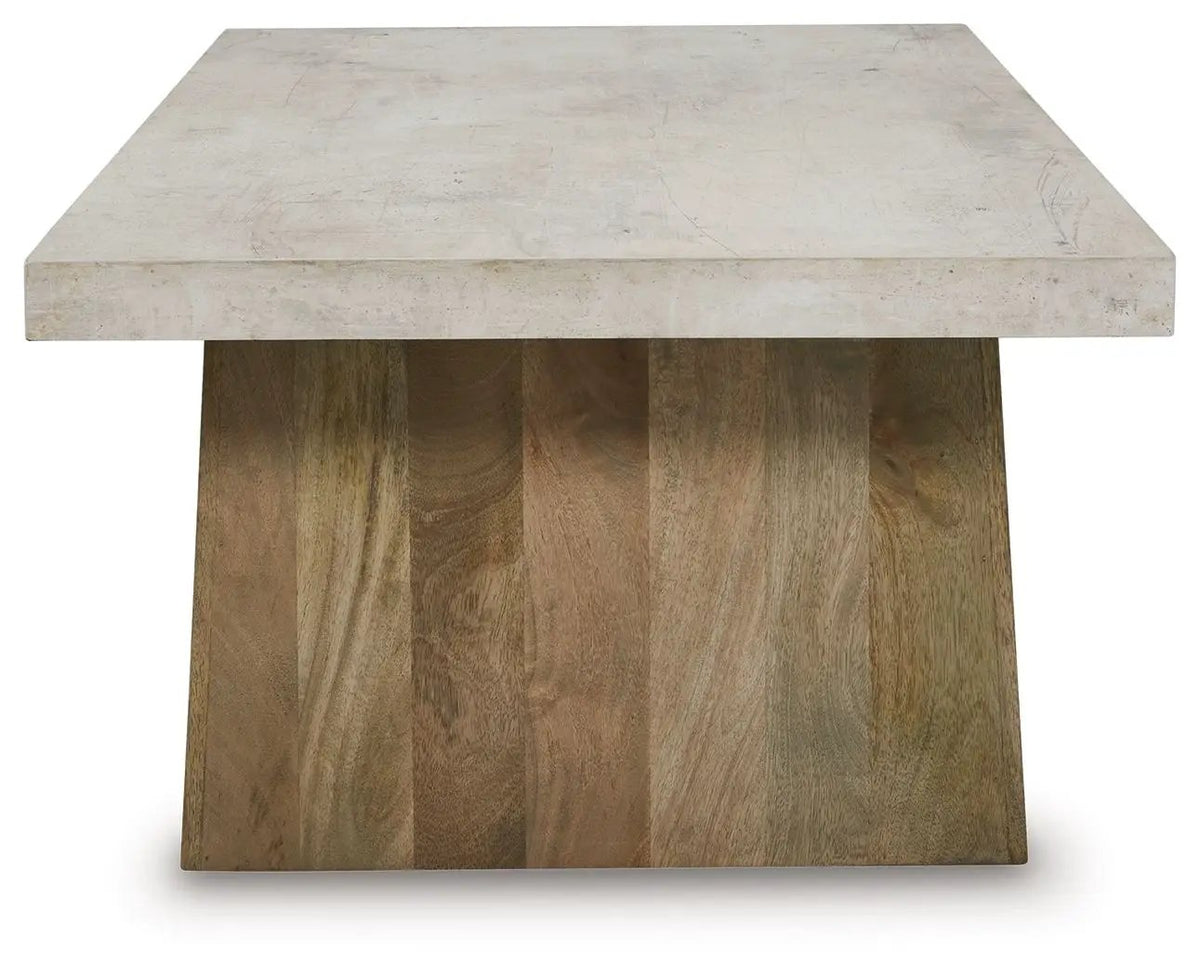 Brendalhouse Rectangular Cocktail Table | Faux Cement Tabletop | Double Plinth Base | Casual Contemporary