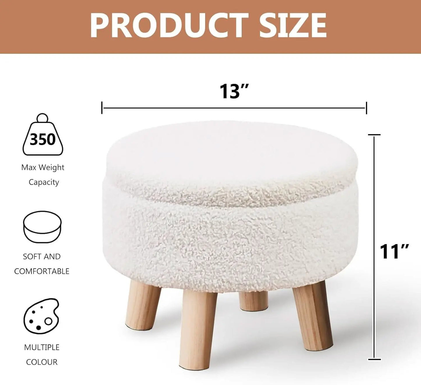Cream Velvet Round Storage Ottoman With Solid Wood Legs