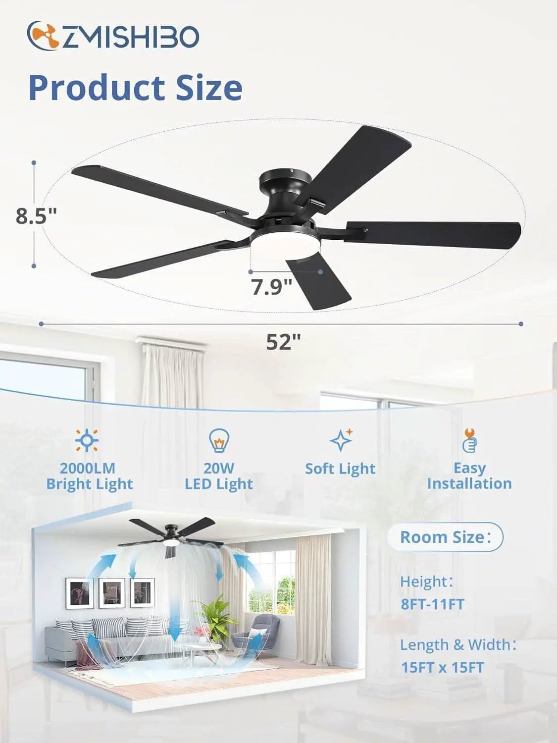 52 Inch Matte Black Ceiling Fan With Dimmable LED Light from PriceLows™