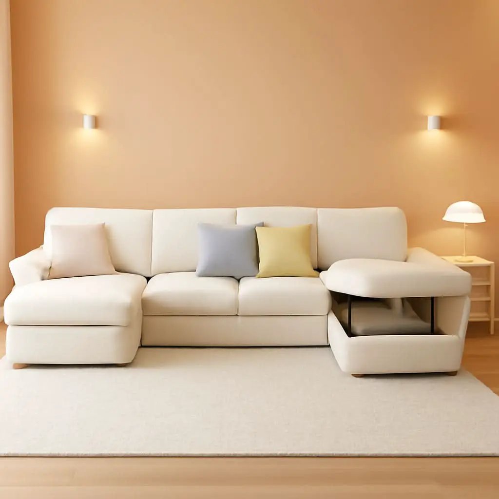 130 Inch Beige Corduroy Sectional Sofa Bed Storage Compartment from PriceLows™