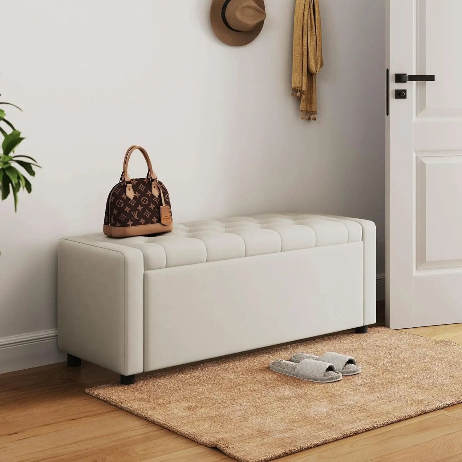 Fifty Inch Upholstered Storage Ottoman Bench Beige from PriceLows™