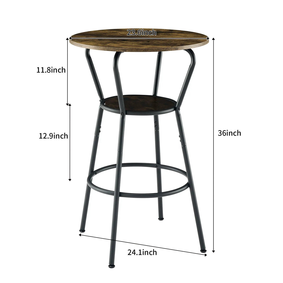Round Bar Table And Stool Set | Rustic Antique Brown | Upholstered Backrest Stools | Shelf Storage