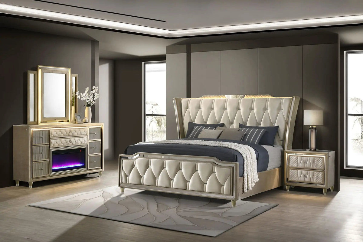 Lorient 4-piece Queen Bedroom Set Ivory and Camel | 4-Piece Set | Rubberwood & Velvet | Bedroom
