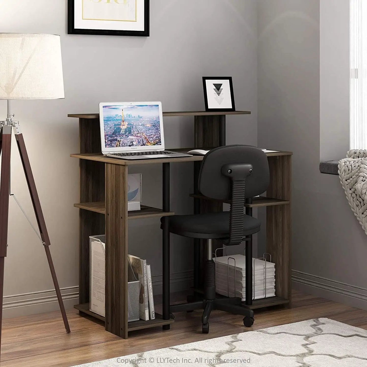 Walnut Black Writing Desk With Shelves And Printer from PriceLows™