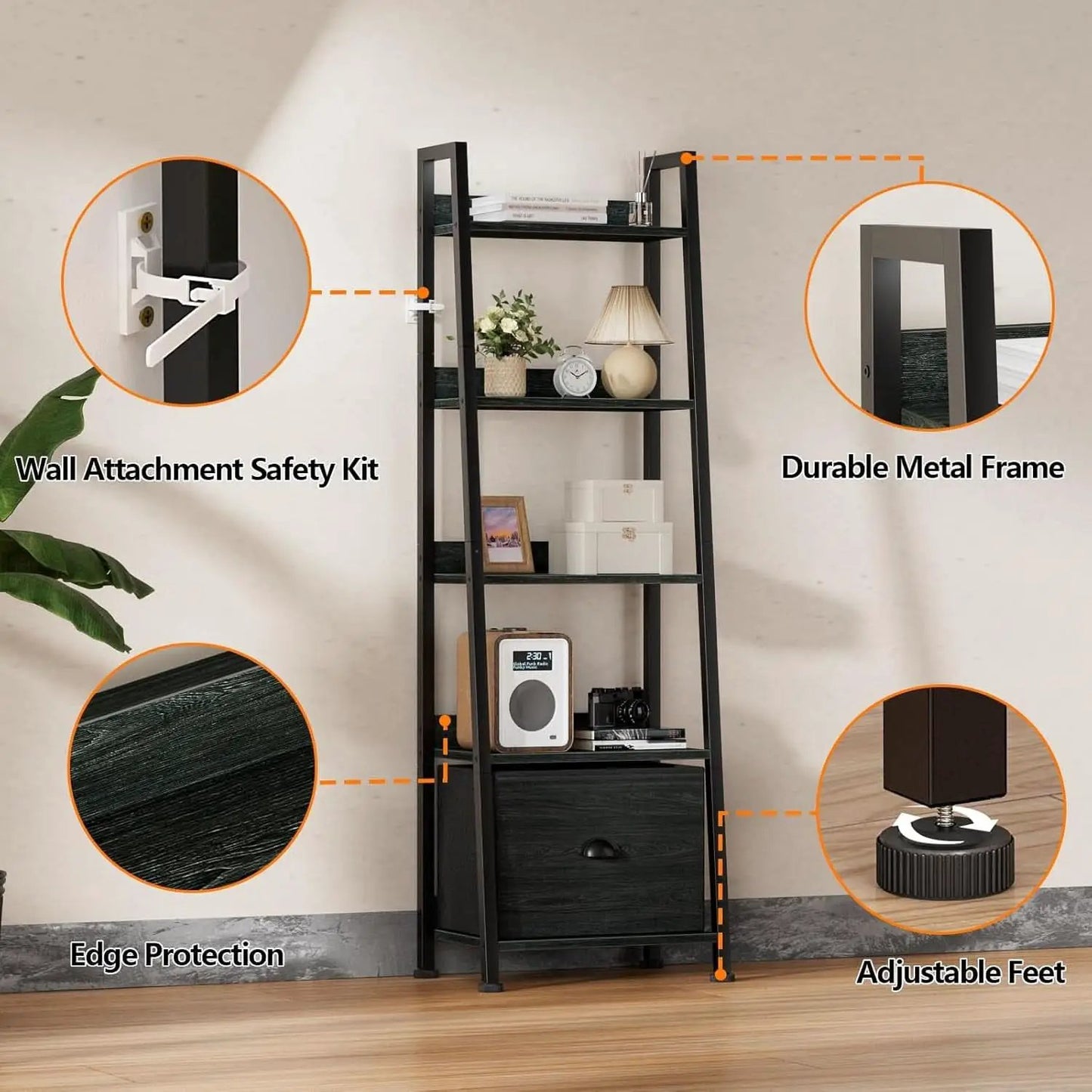 5 Tier Ladder Shelf With Drawer Narrow Black Oak Finish from PriceLows™