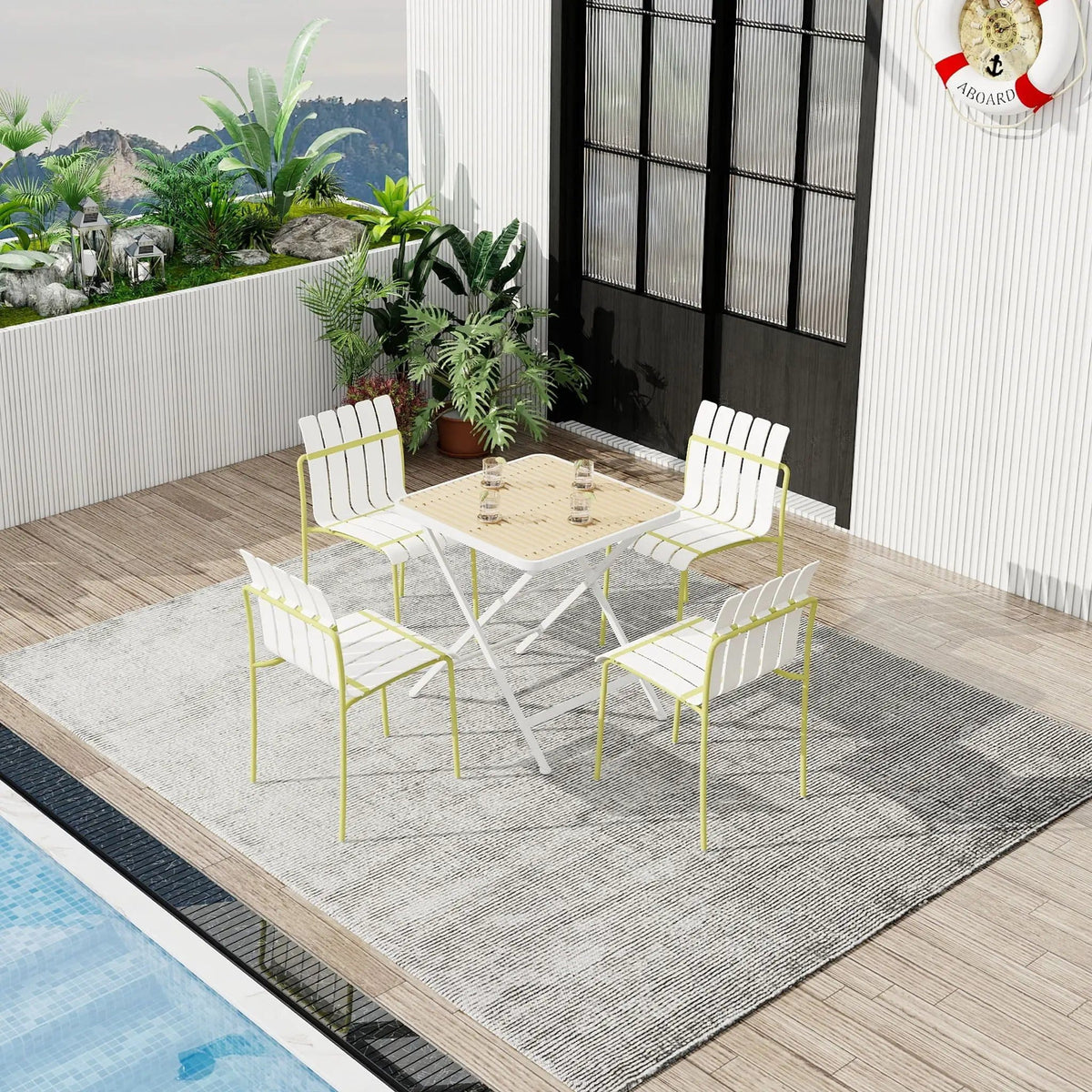 4 Piece Set Of Modern Color Block Designed Single Chairs With Folding Square Table | 4-Piece Set | Metal | Outdoor Living